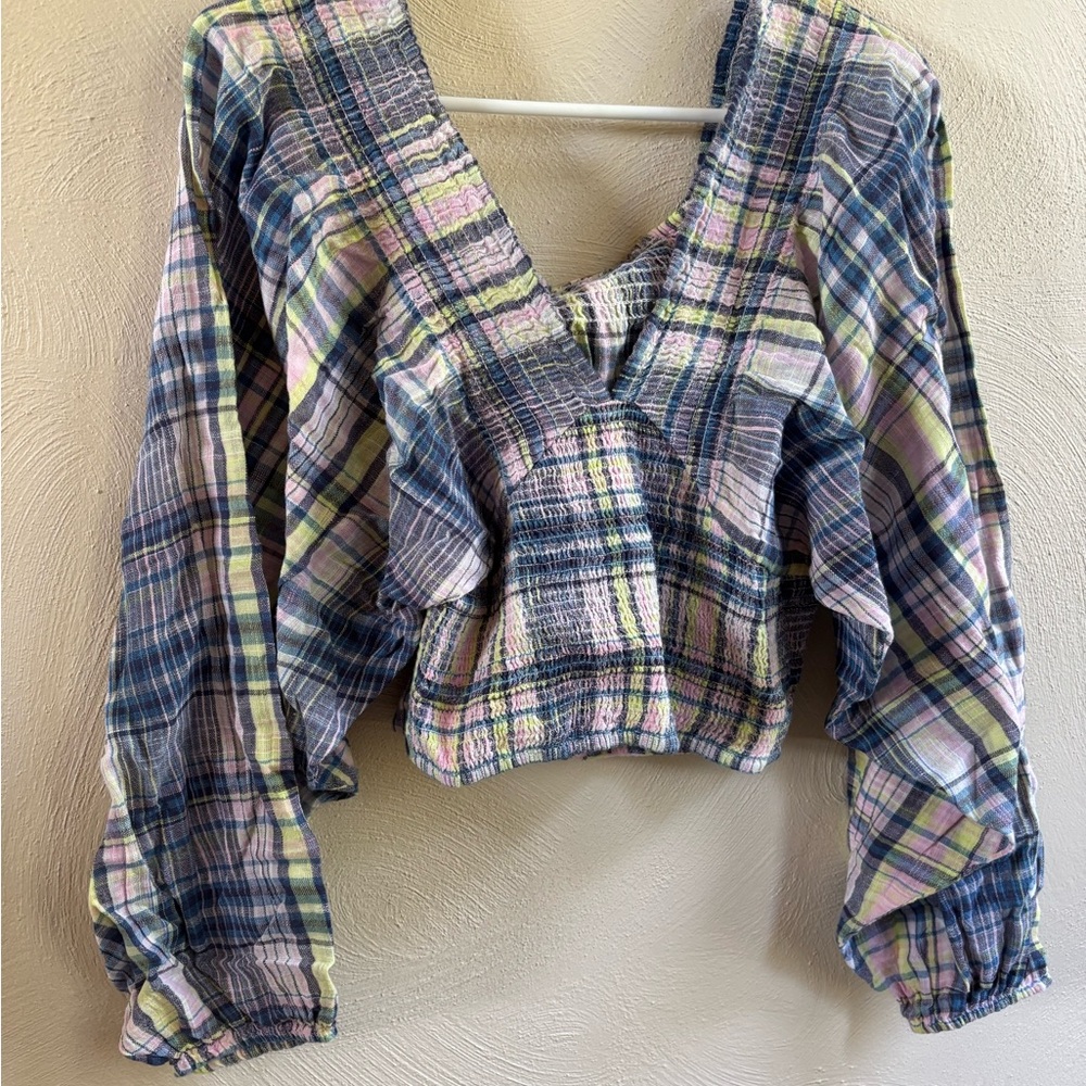 Free People NWT Plaid V-Neck Blouse in Blue and Pink